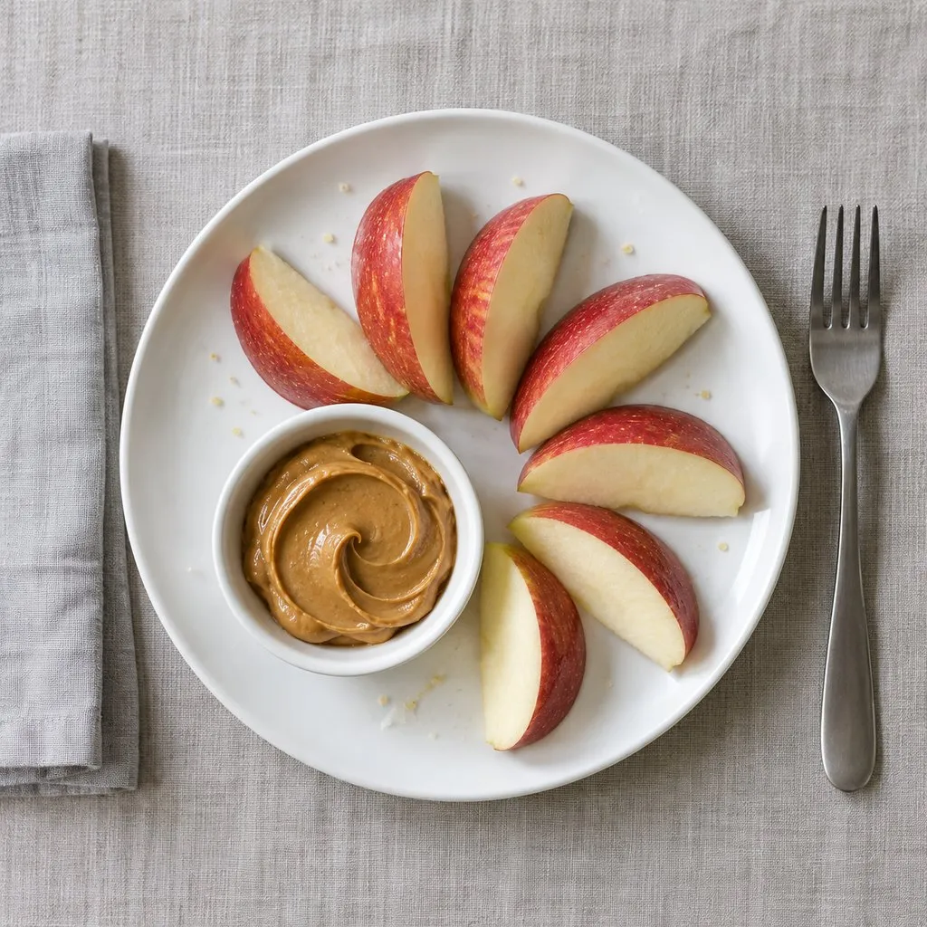Overhead view of red apple wedges fanned around a small dish of peanut butter.