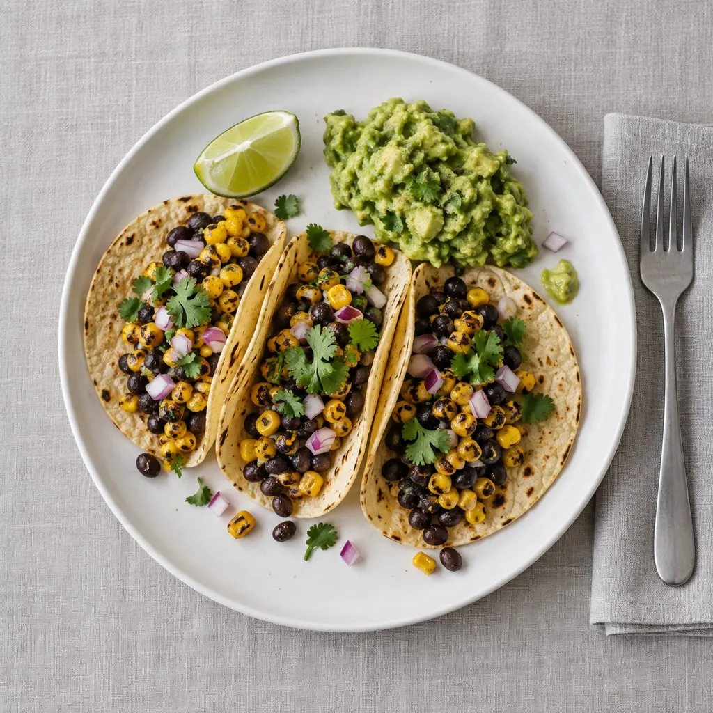 Overhead view of three soft tacos with black beans, corn and cilantro, guacamole and a lime wedge on a white plate.