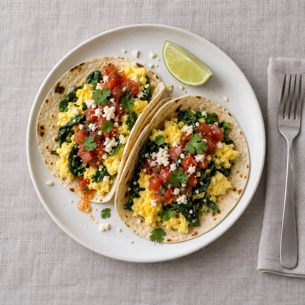Overhead view of two flour tortillas filled with scrambled egg, spinach, salsa and cotija, with a lime wedge.