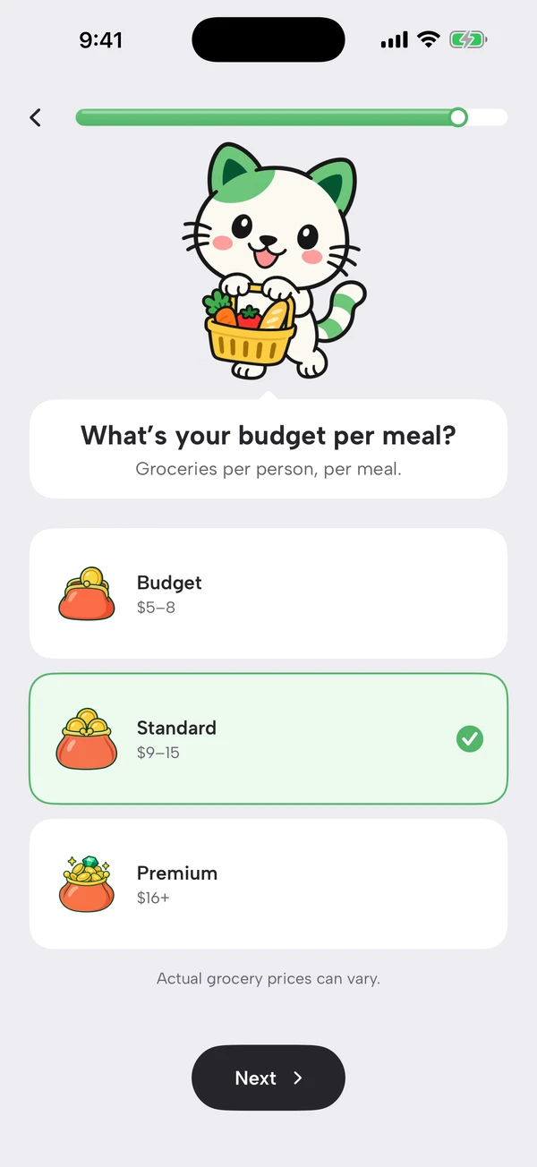 Choosing a budget per meal: Budget, Standard or Premium