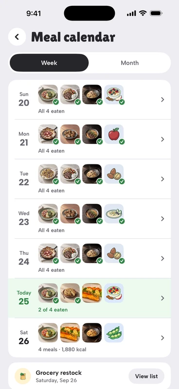 The meal calendar: the week, a row per day with its planned meals ringed and checked off as you eat them