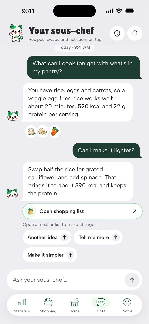 A chat with the in-app sous-chef about dinner ideas