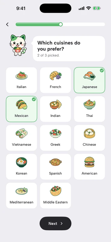 Setup screen with cuisines to choose from
