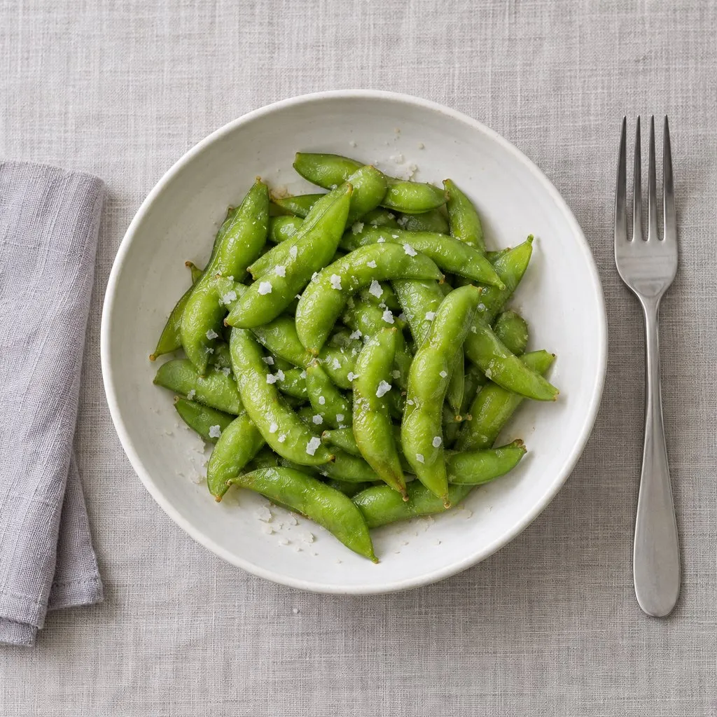 Overhead view of steamed edamame pods with flaky salt in a white bowl.