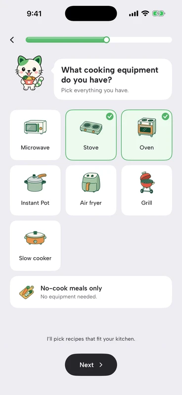 Setup screen asking which cooking equipment you have, with stove and oven selected