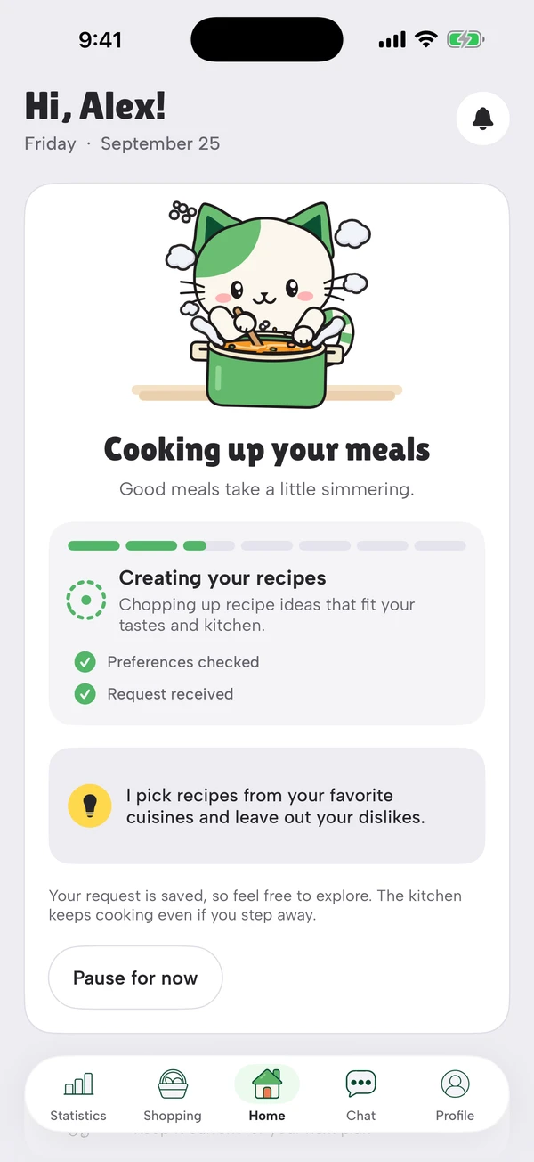 The plan loading screen, titled Cooking up your meals, with a progress bar and the step Creating your recipes