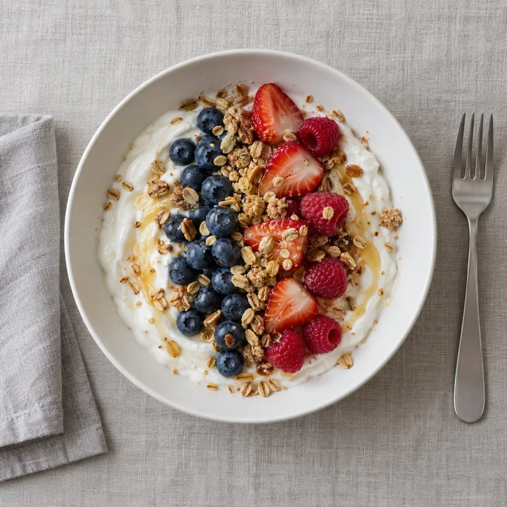 Overhead view of Greek yogurt topped with blueberries, strawberries, raspberries, granola and honey in a white bowl.