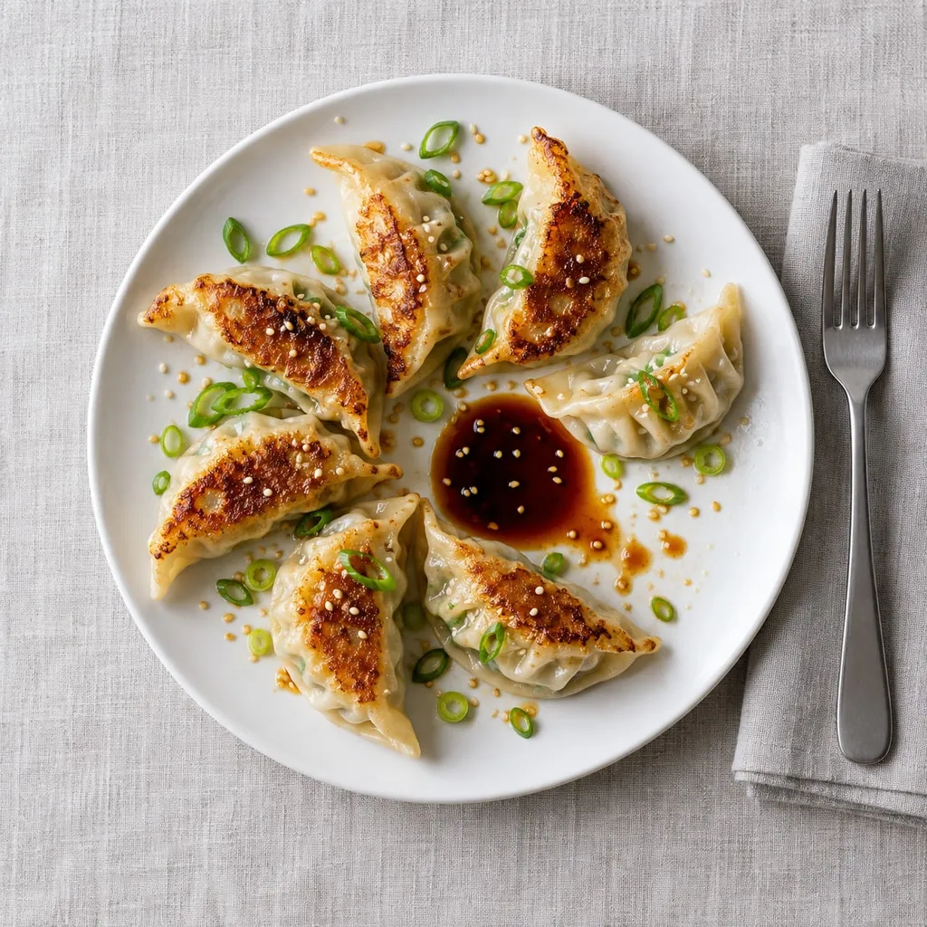 Close-up of pan-fried gyoza with golden bottoms, scallions, sesame seeds and a soy dipping sauce.