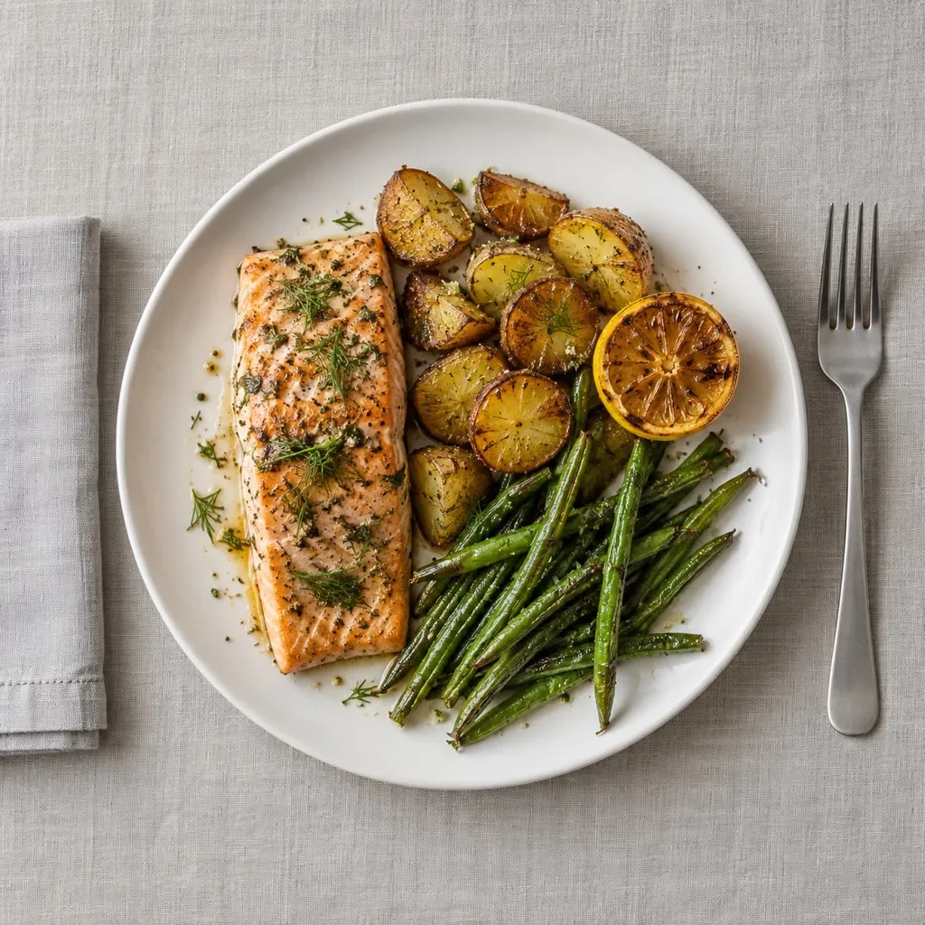 Overhead view of a roasted salmon fillet with dill, roasted baby potatoes, green beans and a roasted lemon half on a white plate.