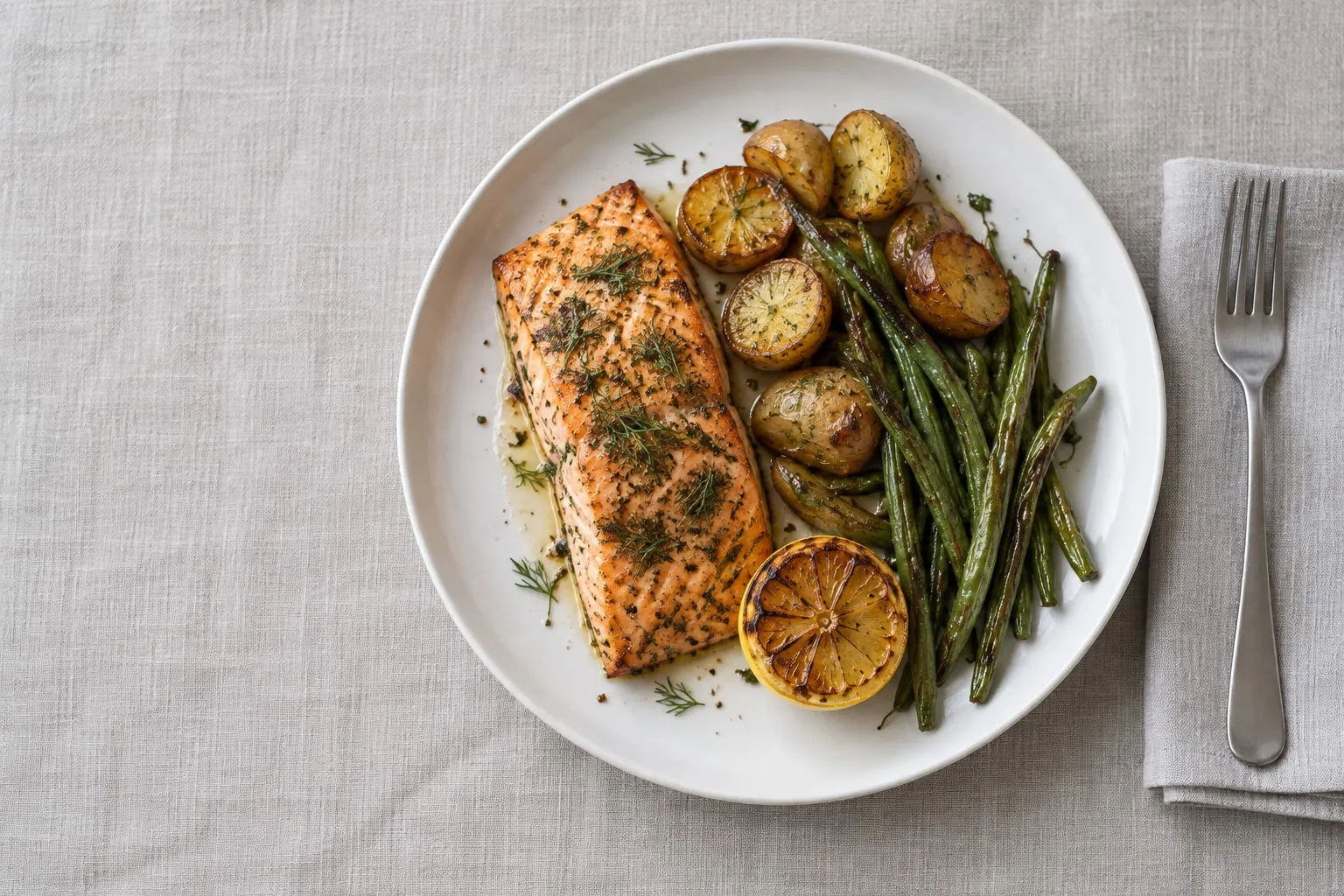 Herby salmon with potatoes and green beans