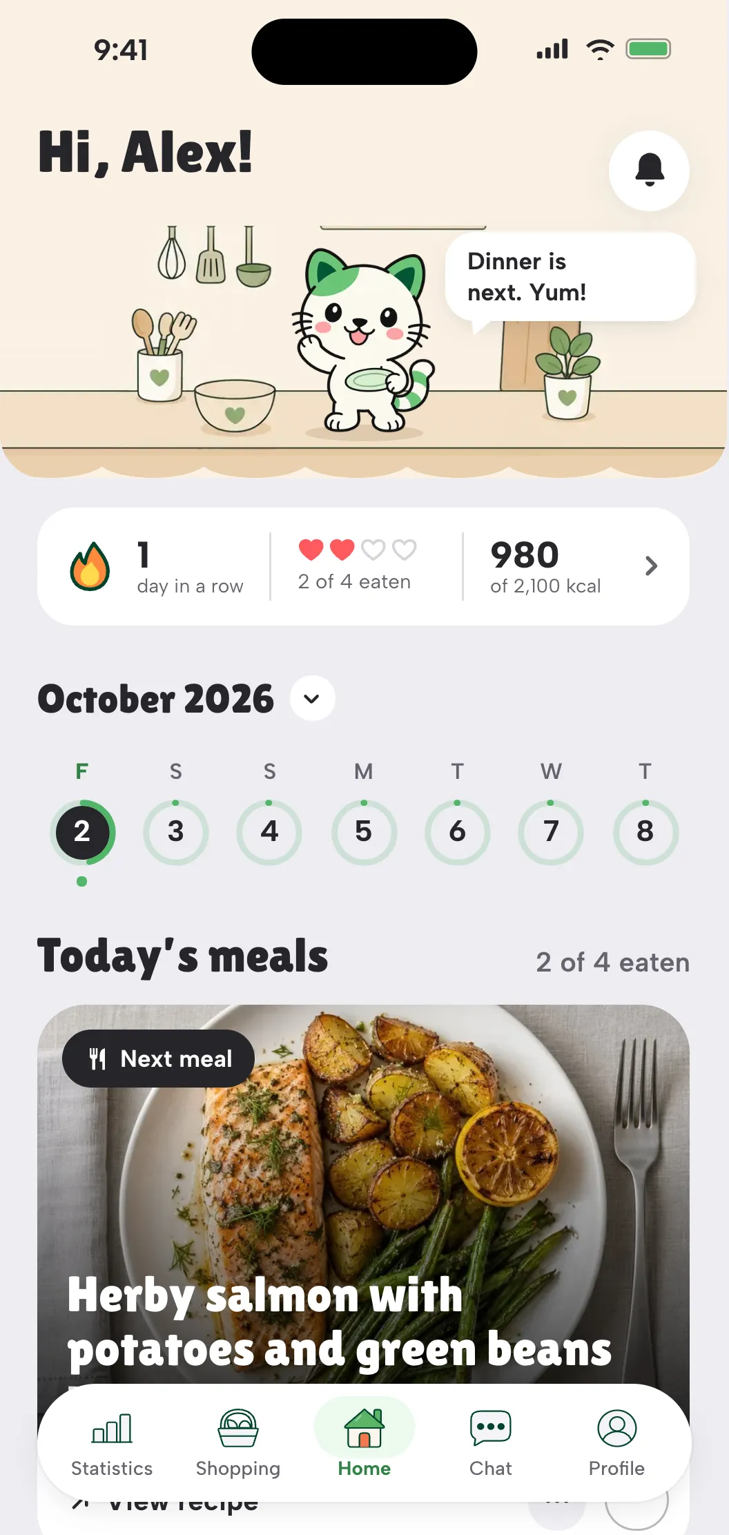 The Nutrinity Home screen: the week strip, today's meals and the tab bar