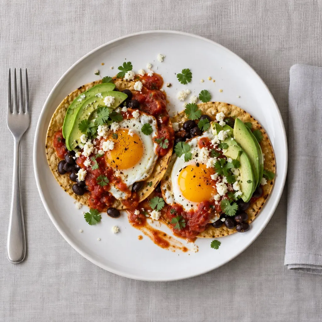 Overhead view of two fried eggs on crisp corn tortillas with ranchero sauce, black beans, avocado and queso fresco.