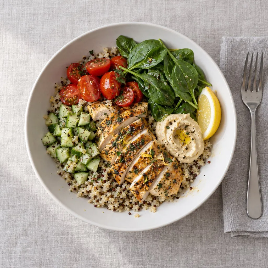 Overhead view of sliced lemon chicken over quinoa with cherry tomatoes, cucumber, spinach, hummus and a lemon wedge.