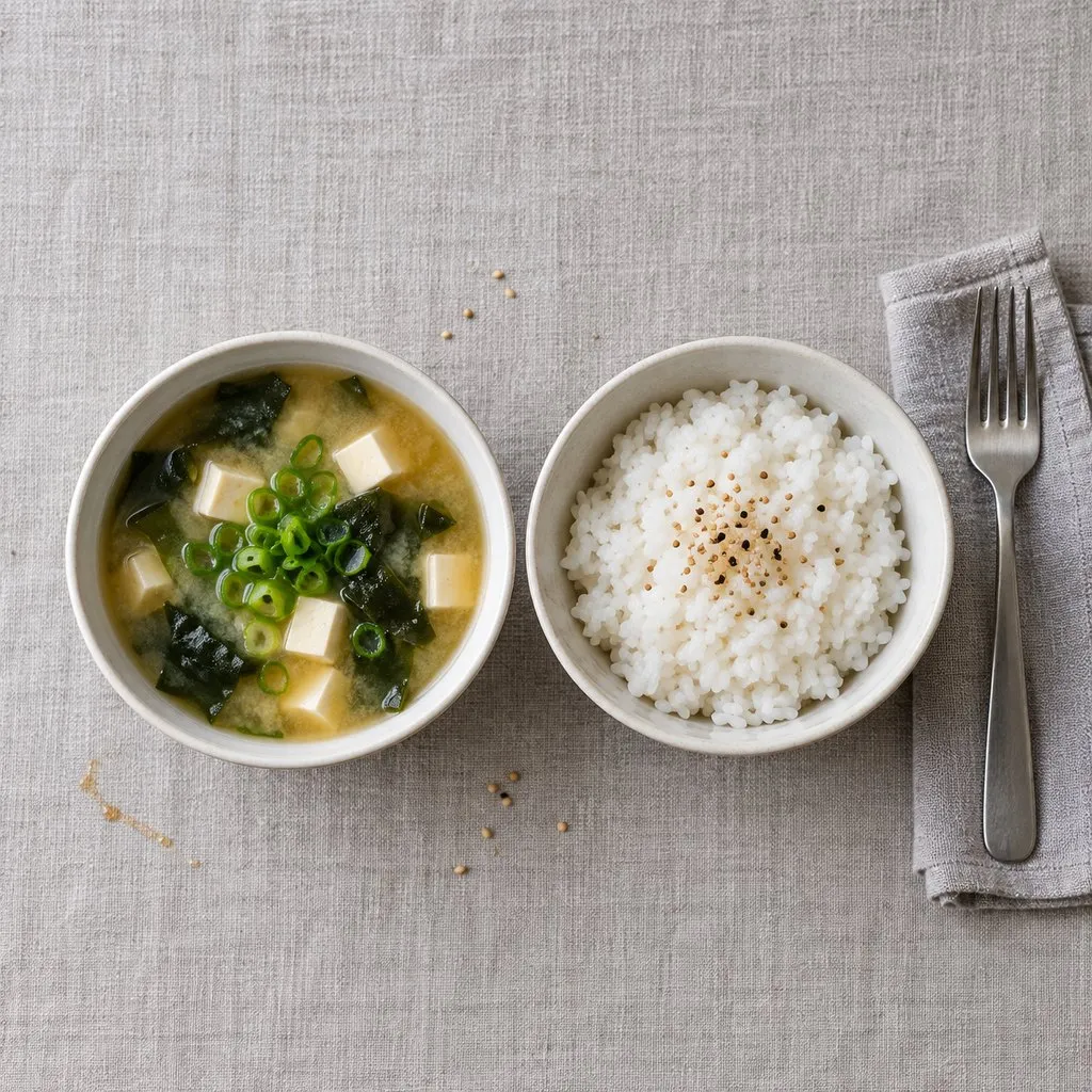 Overhead view of a small bowl of miso soup with tofu, wakame and scallion beside a bowl of white rice.