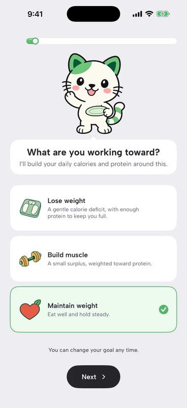 Setup screen asking what you are working toward