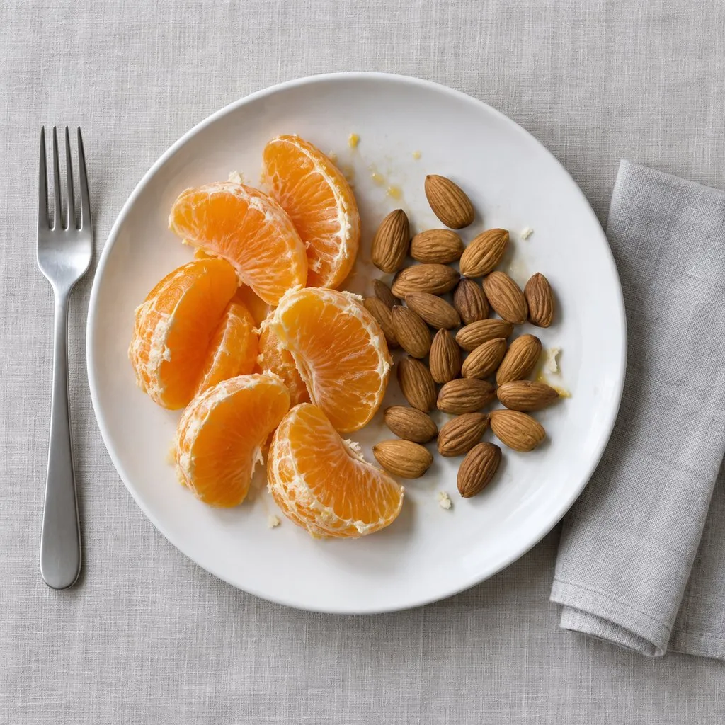 Overhead view of orange segments beside a small pile of whole almonds on a white plate.