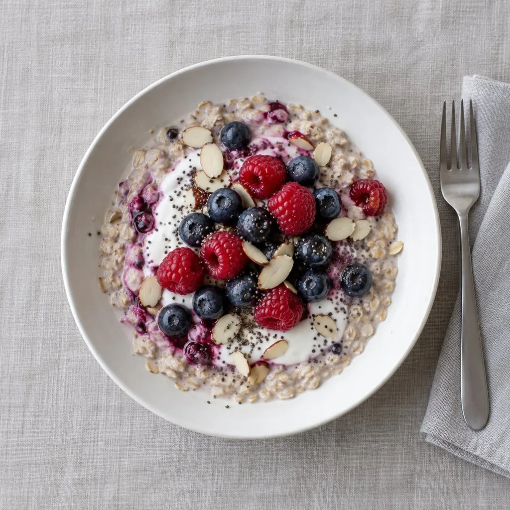 Overhead view of overnight oats topped with blueberries, raspberries, sliced almonds and chia seeds in a white bowl.
