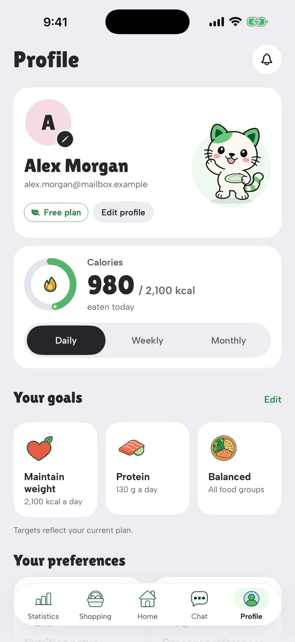 Profile: 980 of 2,100 kcal eaten today, and the goals Maintain weight at 2,100 kcal a day, Protein 130 g a day, Balanced