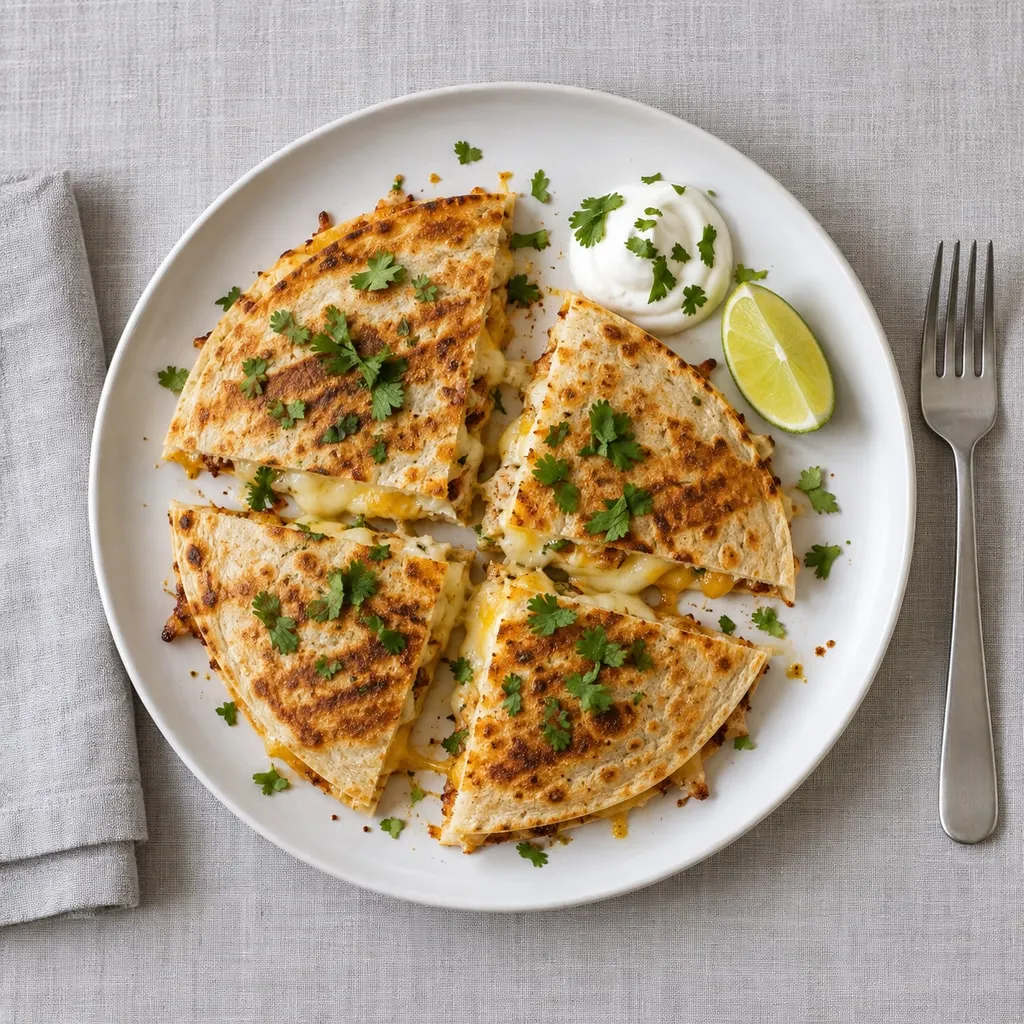 Overhead view of a golden grilled quesadilla cut into wedges with cilantro, crema and a lime wedge on a white plate.