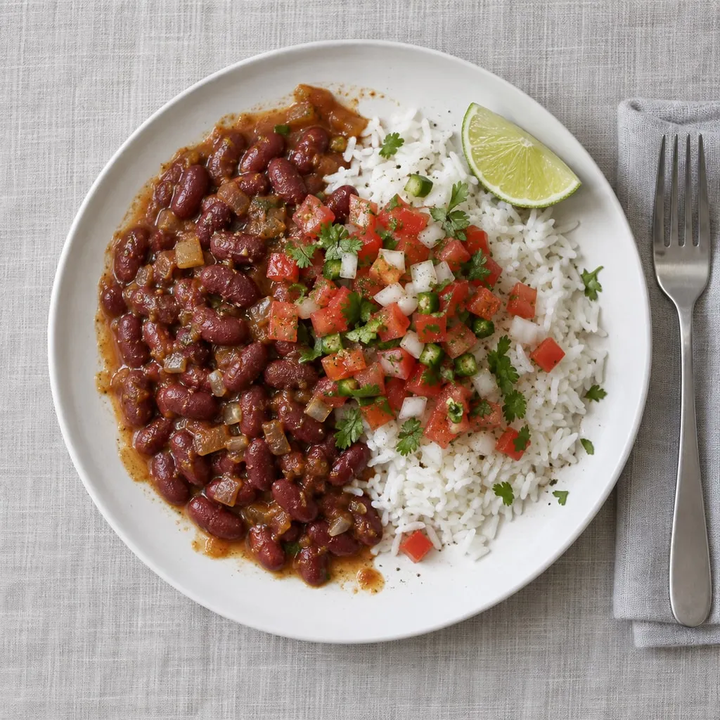 Overhead view of red beans and white rice topped with fresh pico de gallo and a lime wedge on a white plate.