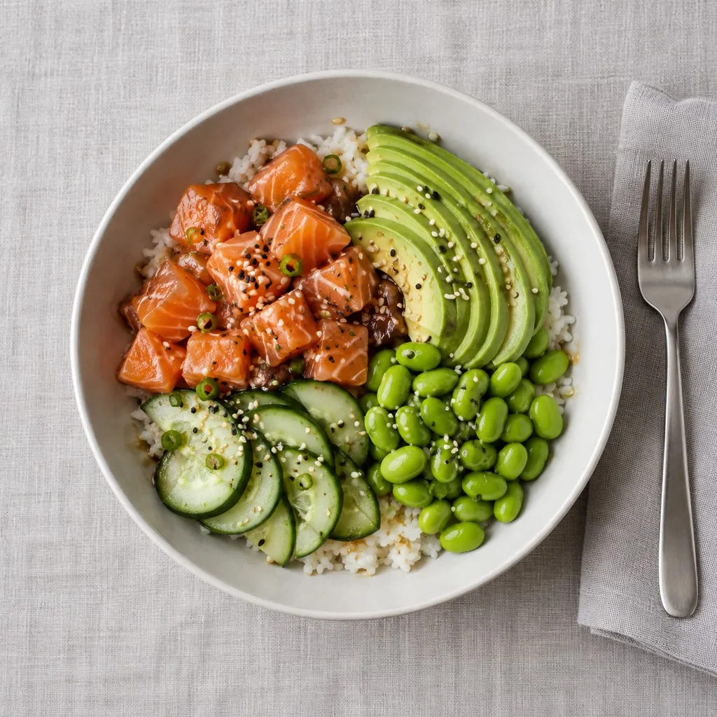 Overhead view of a poke bowl with raw salmon cubes, sliced avocado, edamame and cucumber over rice.