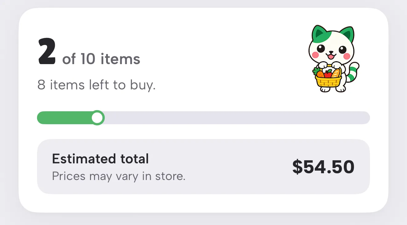 The shopping list card in the app: Tick things off as they land in your cart. 2 of 10 items, estimated total $54.50, prices may vary in store