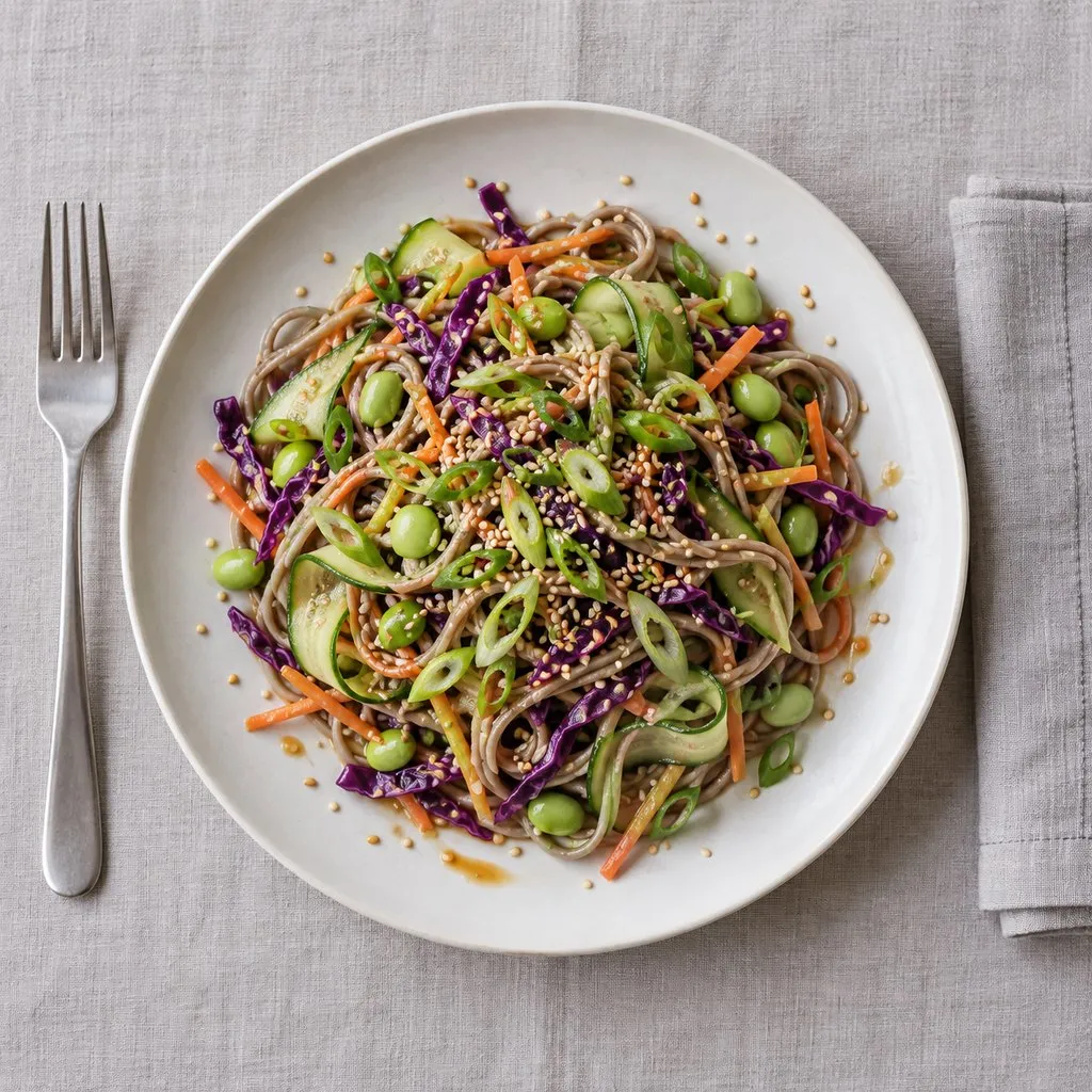 Overhead view of soba noodles with purple cabbage, carrot, cucumber, edamame, sesame seeds and scallions.