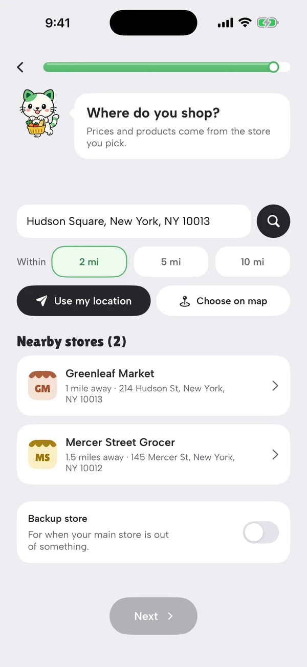 Where do you shop? A search near a New York ZIP code within 2 miles, with two nearby stores to choose from