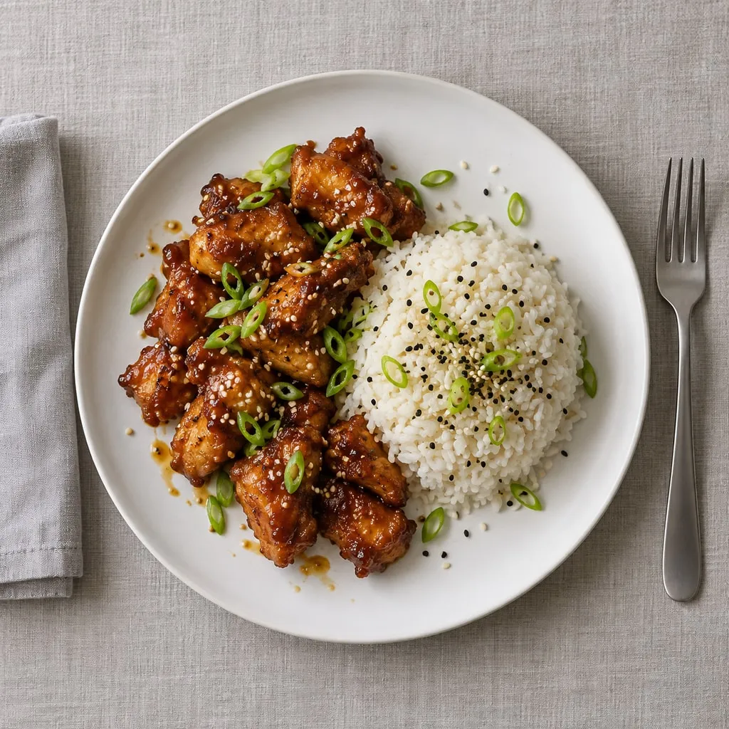 Overhead view of crispy glazed chicken beside white rice with sesame seeds and scallions on a white plate.