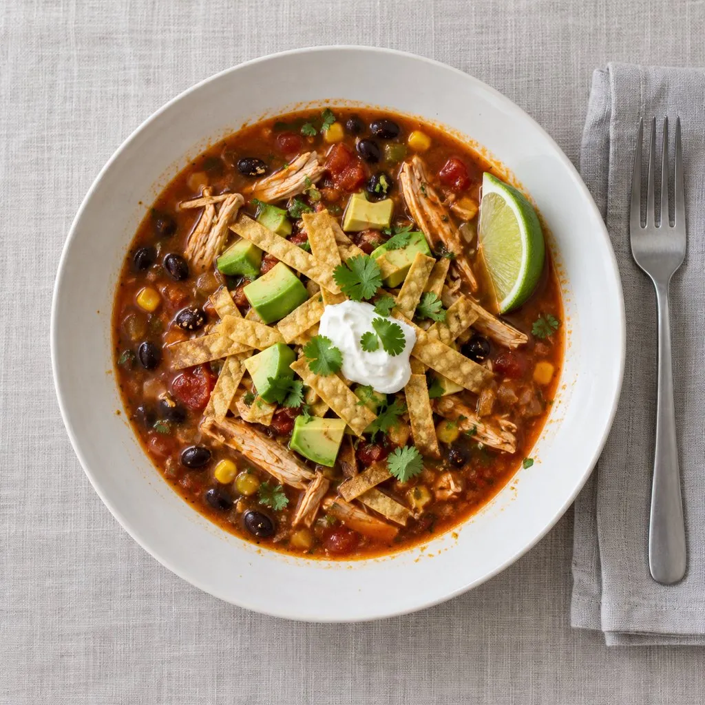 Overhead view of a bowl of red chicken tortilla soup with black beans, corn, tortilla strips, avocado, sour cream and lime.