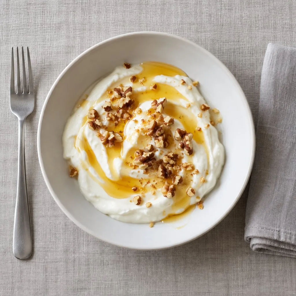 Overhead view of Greek yogurt swirled with honey and chopped walnuts in a white bowl.