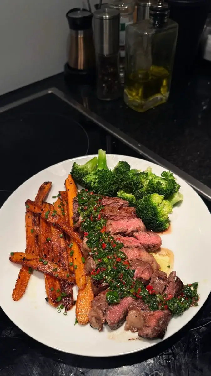 steak, chimichurri, roasted carrots.
