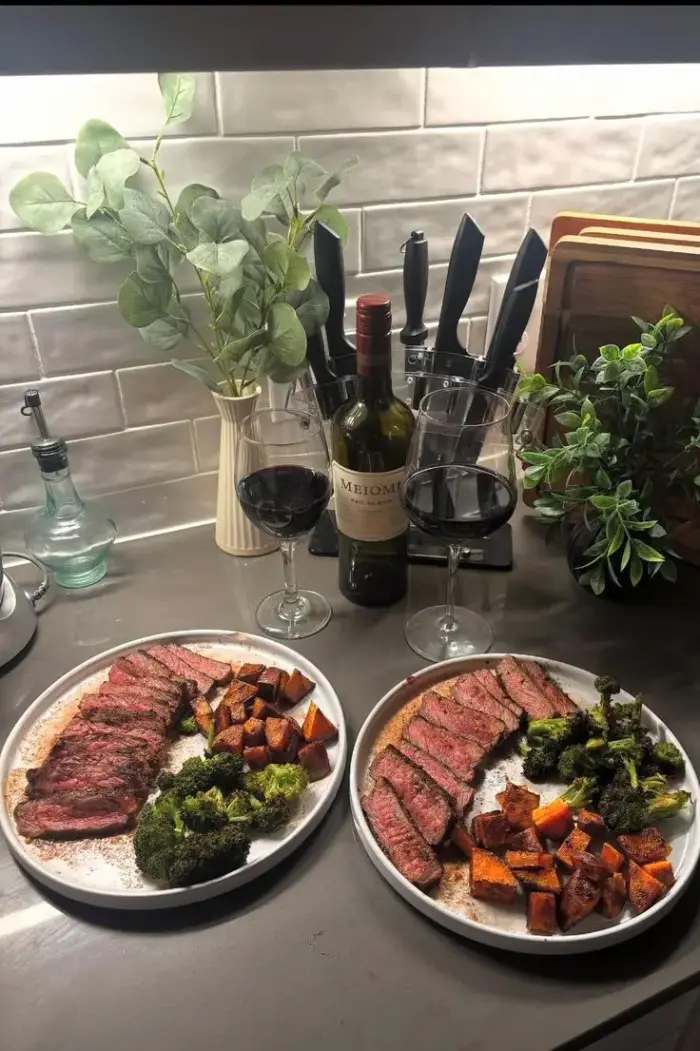 friday. steak, and a glass of something.